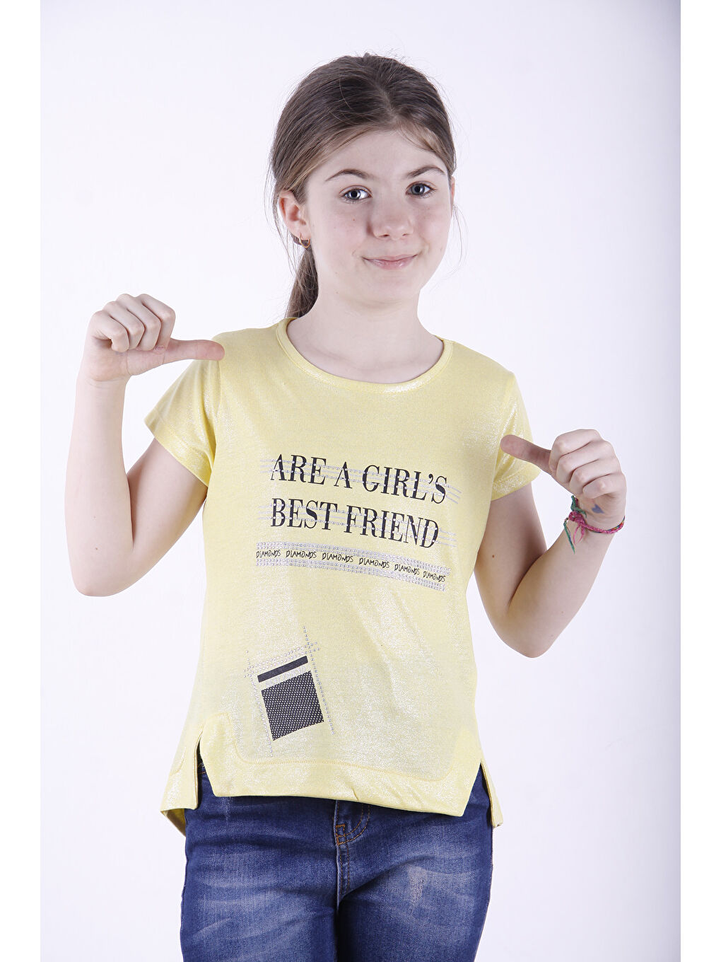 Sarı Kız Çocuk Best Friend Baskılı Taş Detaylı Tişört