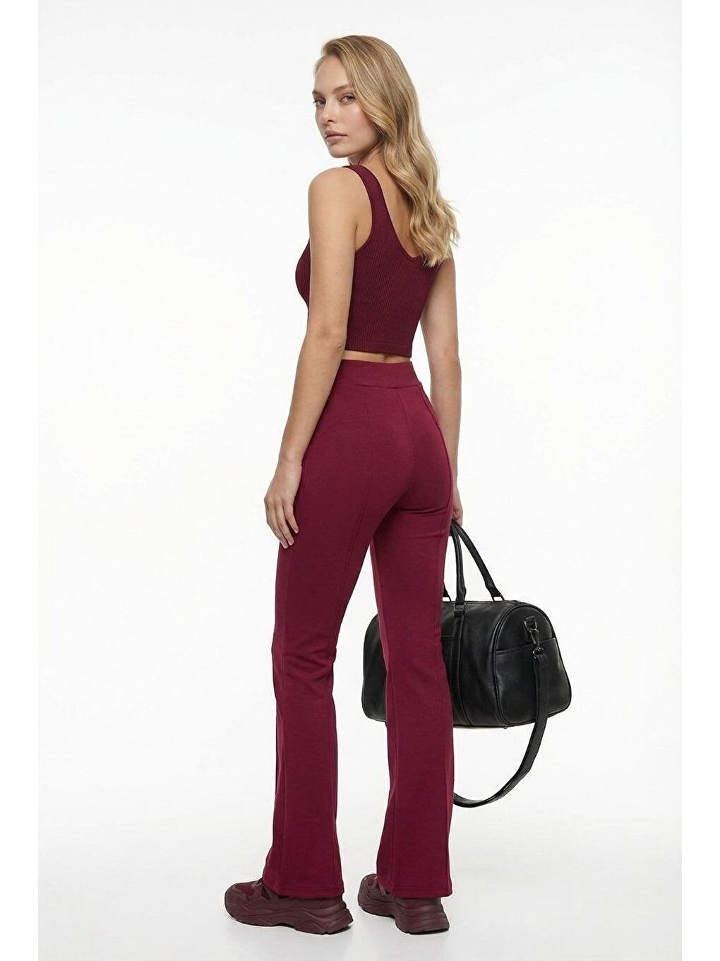 Bordo Yeşili Yüksek Bel Flare Paça Günlük Kadın Pantolon Mg2645-1