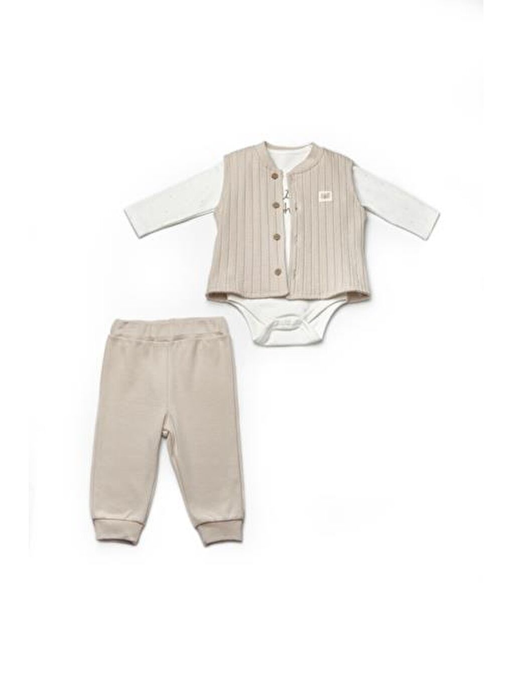 Ekru Bebek Yelekli 3'lü Takım %100 Organic Pamuk Yenidoğan Serisi - CSY8115-1