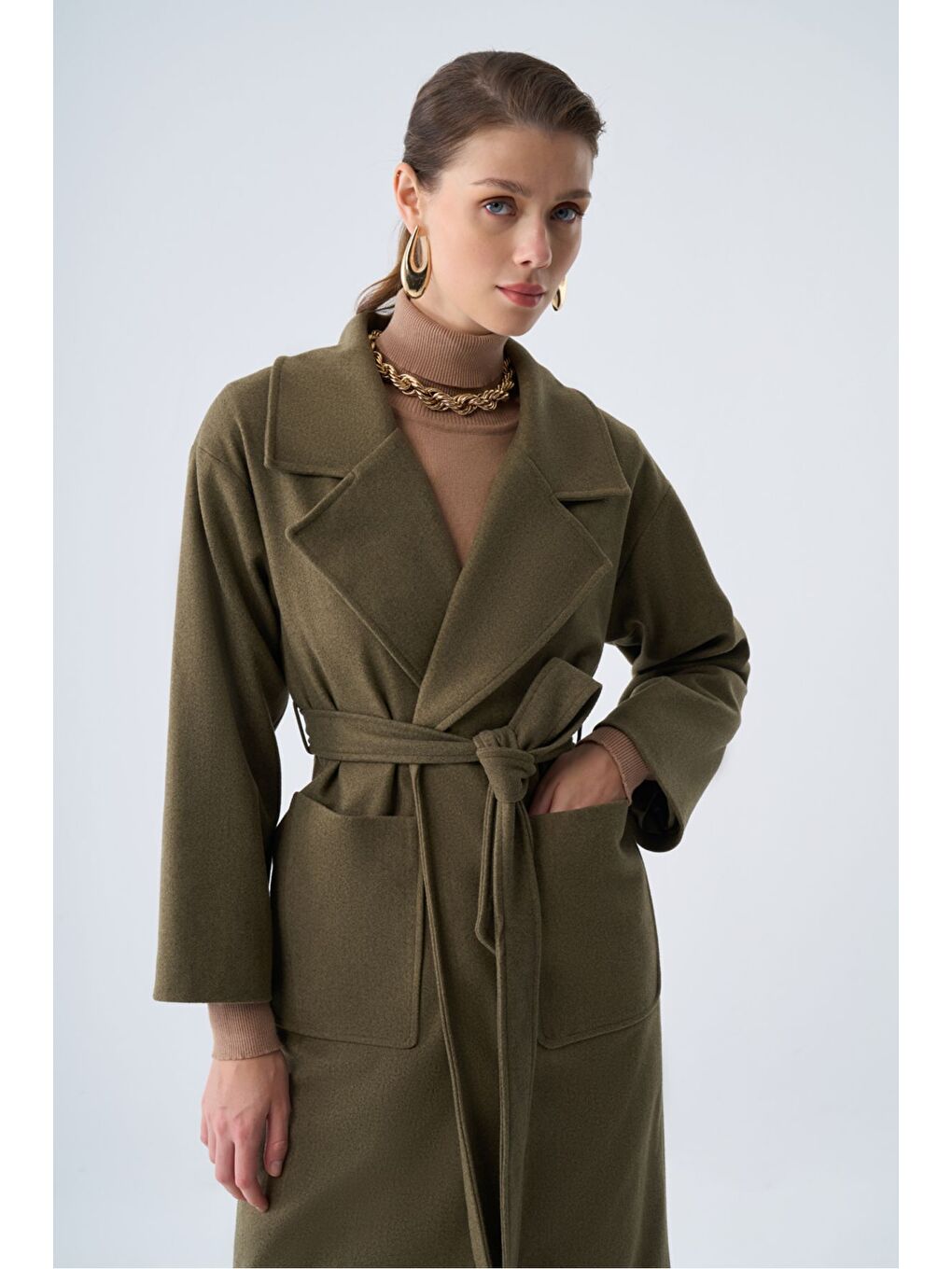 Mizalle Basic Kaşe Dokulu Haki Kaban - 2