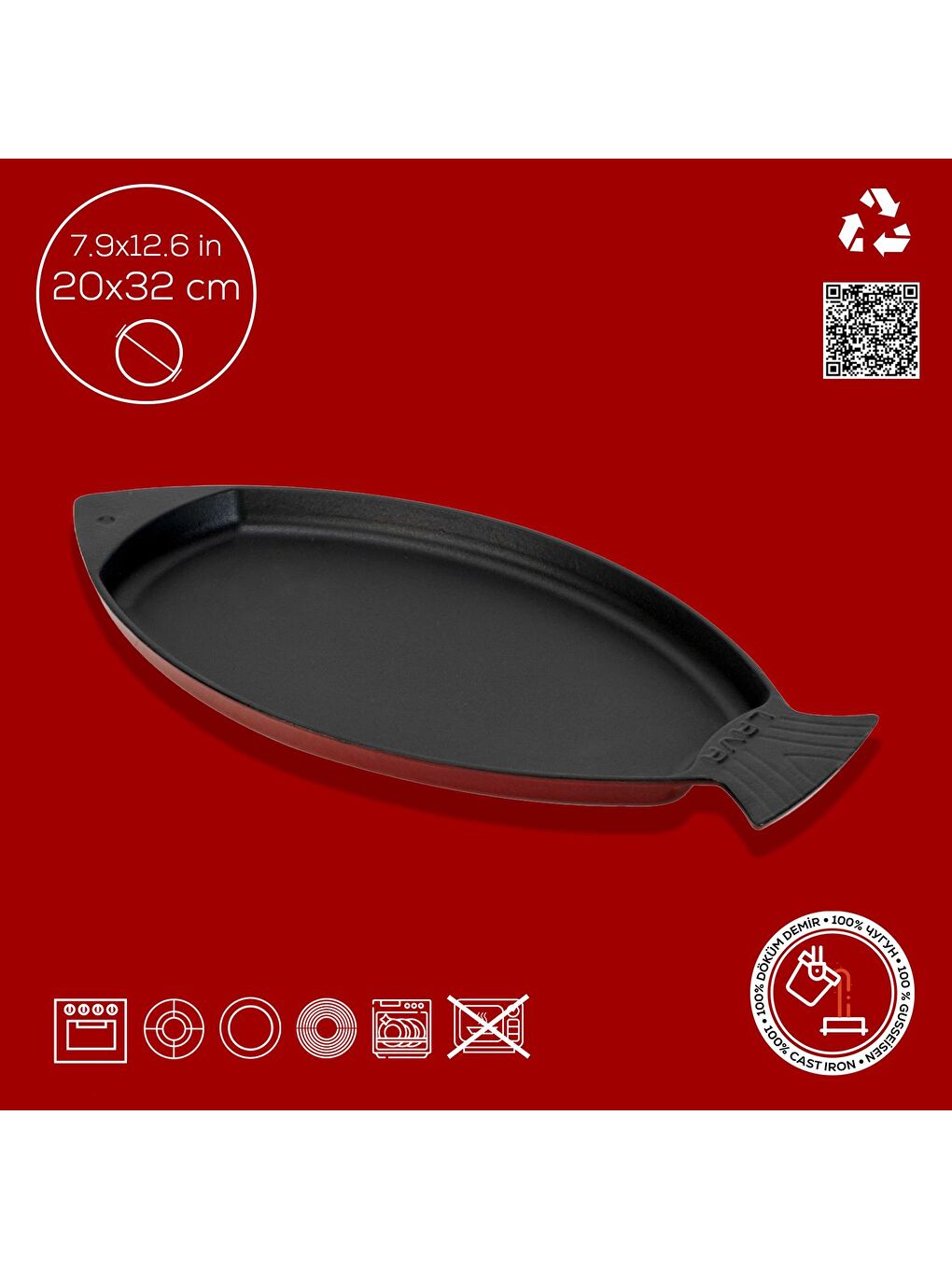 Bordo Balık Tabağı Döküm Demir Yekpare Kulplu Ölçü 20x32cm.-3