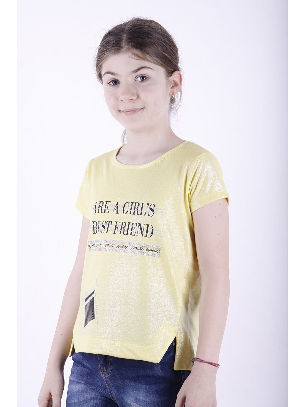 Sarı Kız Çocuk Best Friend Baskılı Taş Detaylı Tişört-1