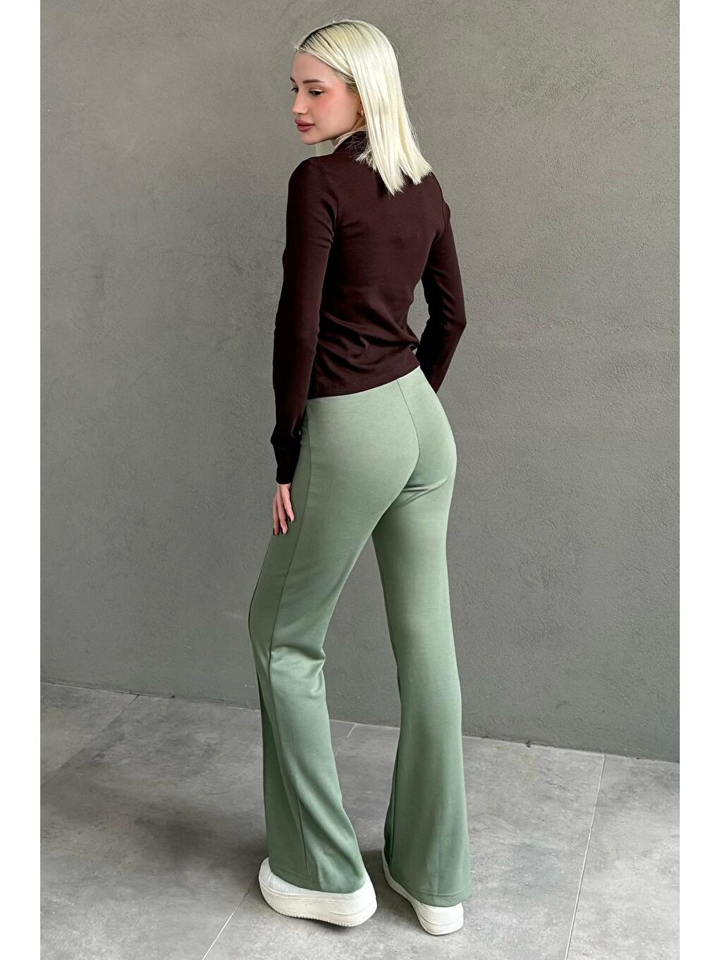 Mint Yeşili Yüksek Bel Flare Paça Günlük Kadın Pantolon Mg2645-2