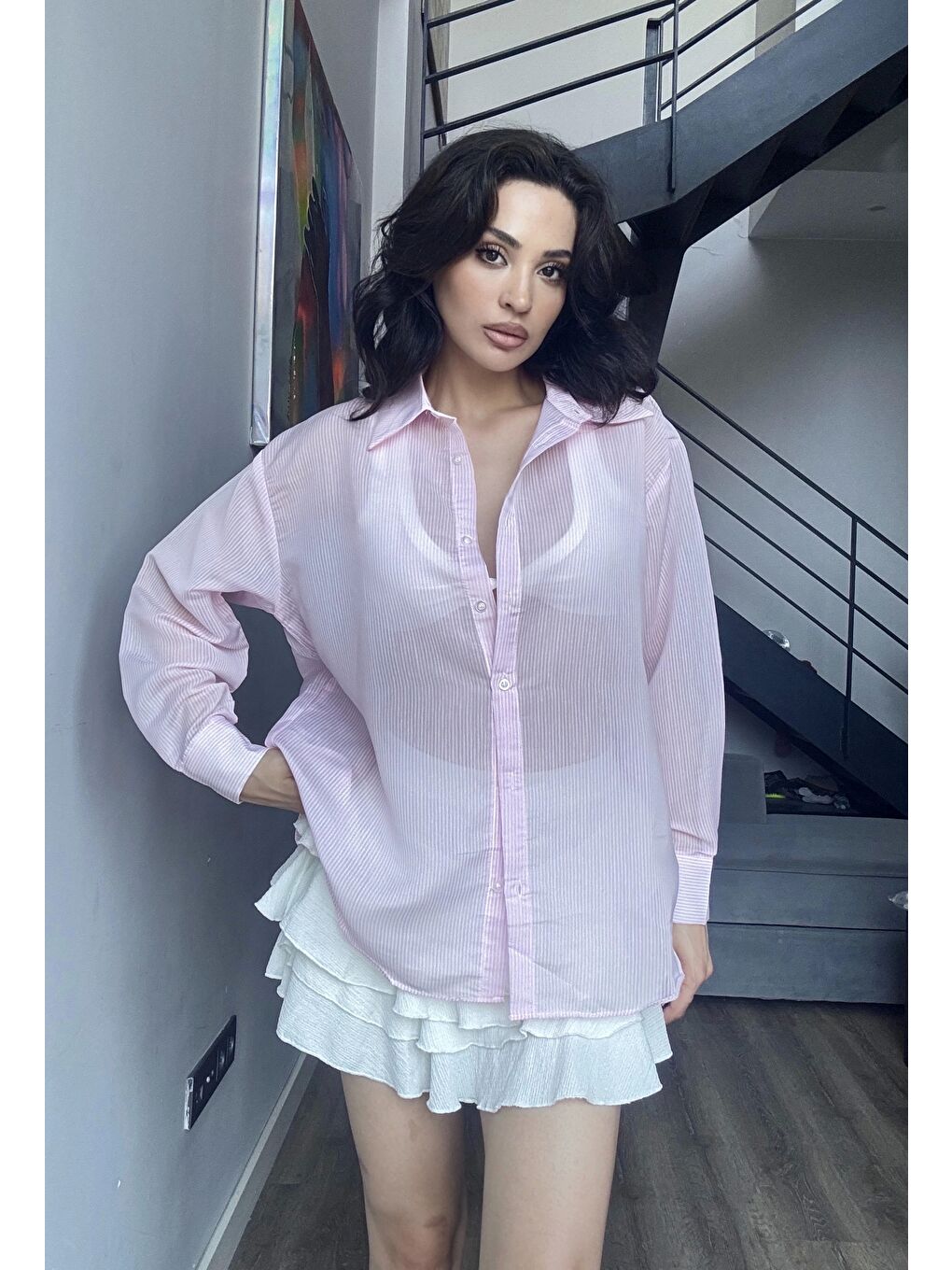 Kadın Pembe Transparan Çizgili Gömlek 1006-6876