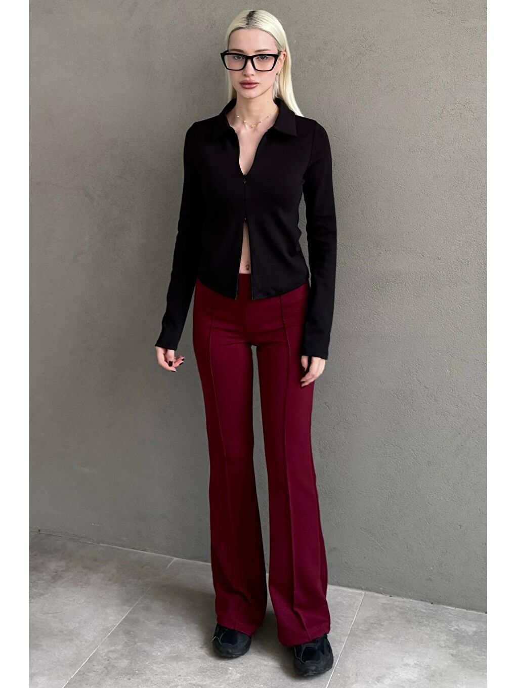 Bordo Yeşili Yüksek Bel Flare Paça Günlük Kadın Pantolon Mg2645-4