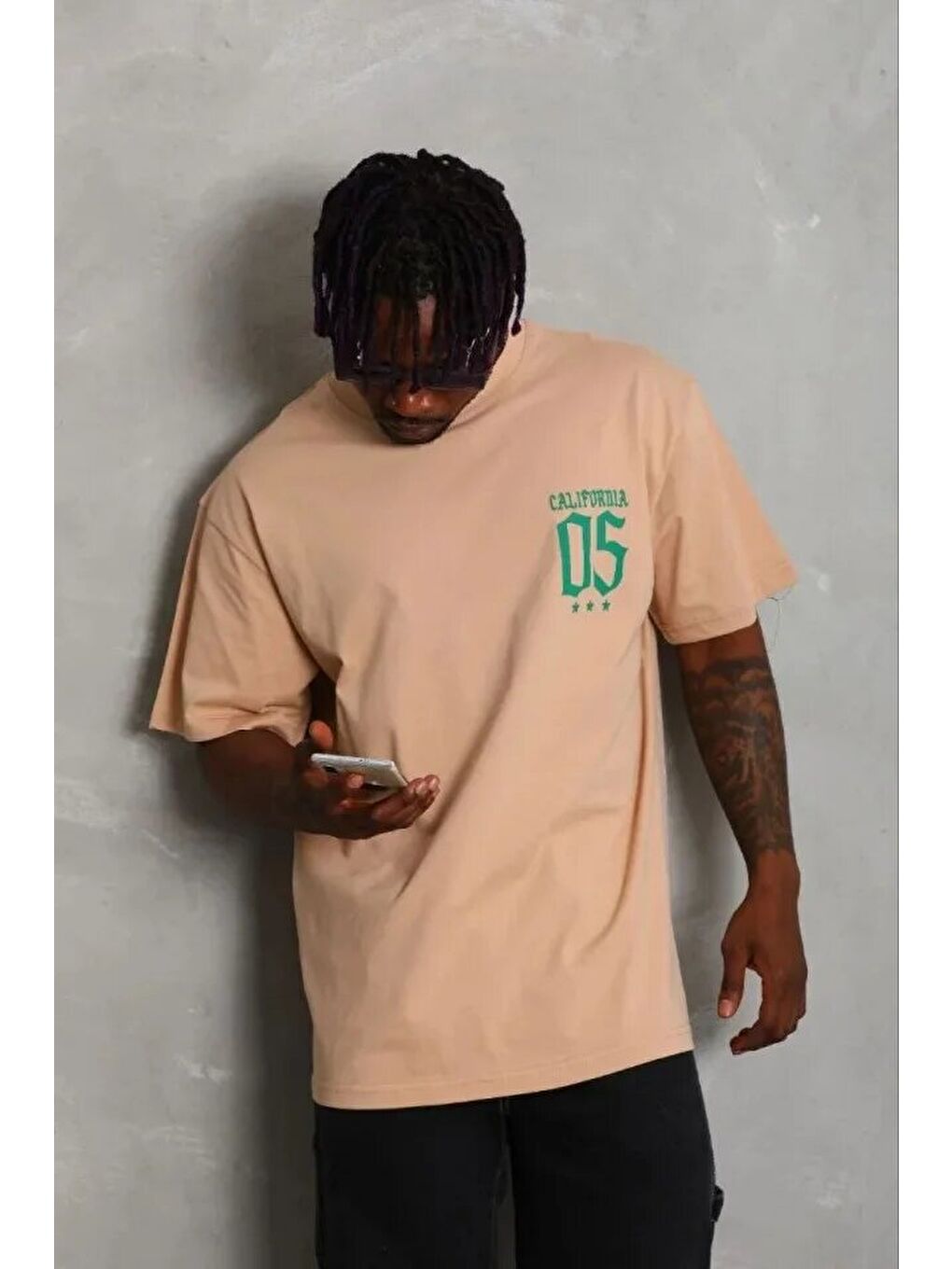 Bej Erkek Baskılı Tişört Kısa Kol Bisiklet Yaka-1