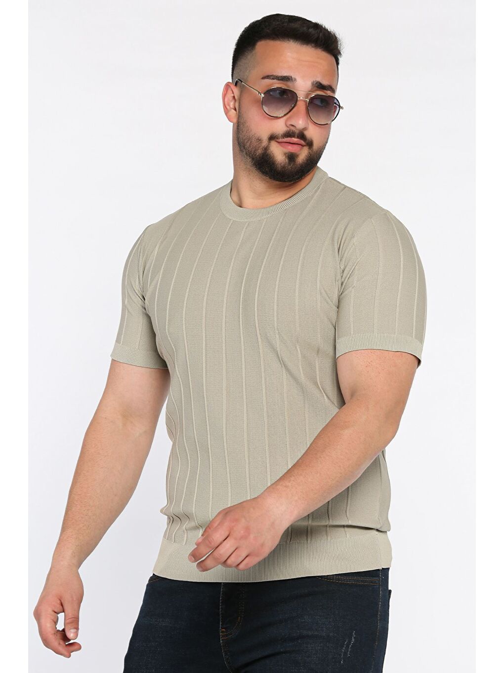Bej Erkek Bisiklet Yaka Kendinden Çizgi Desenli Triko Tişört-1