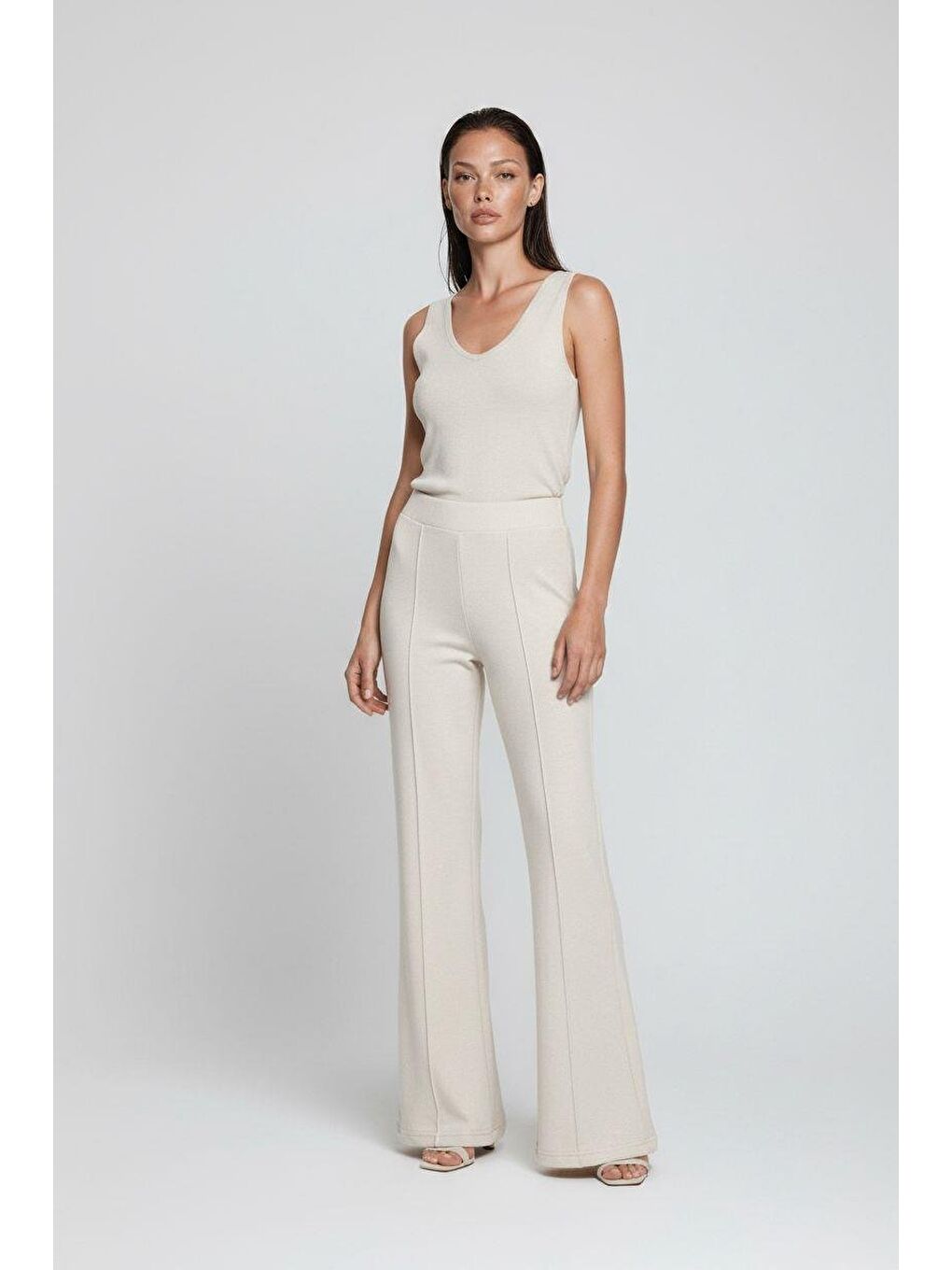 Bej Yüksek Bel Flare Paça Günlük Kadın Pantolon Mg2645