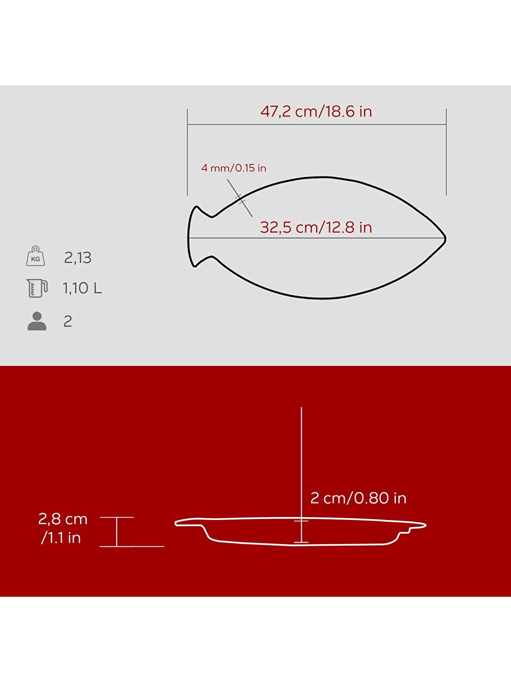 Bordo Balık Tabağı Döküm Demir Yekpare Kulplu Ölçü 20x32cm.-4