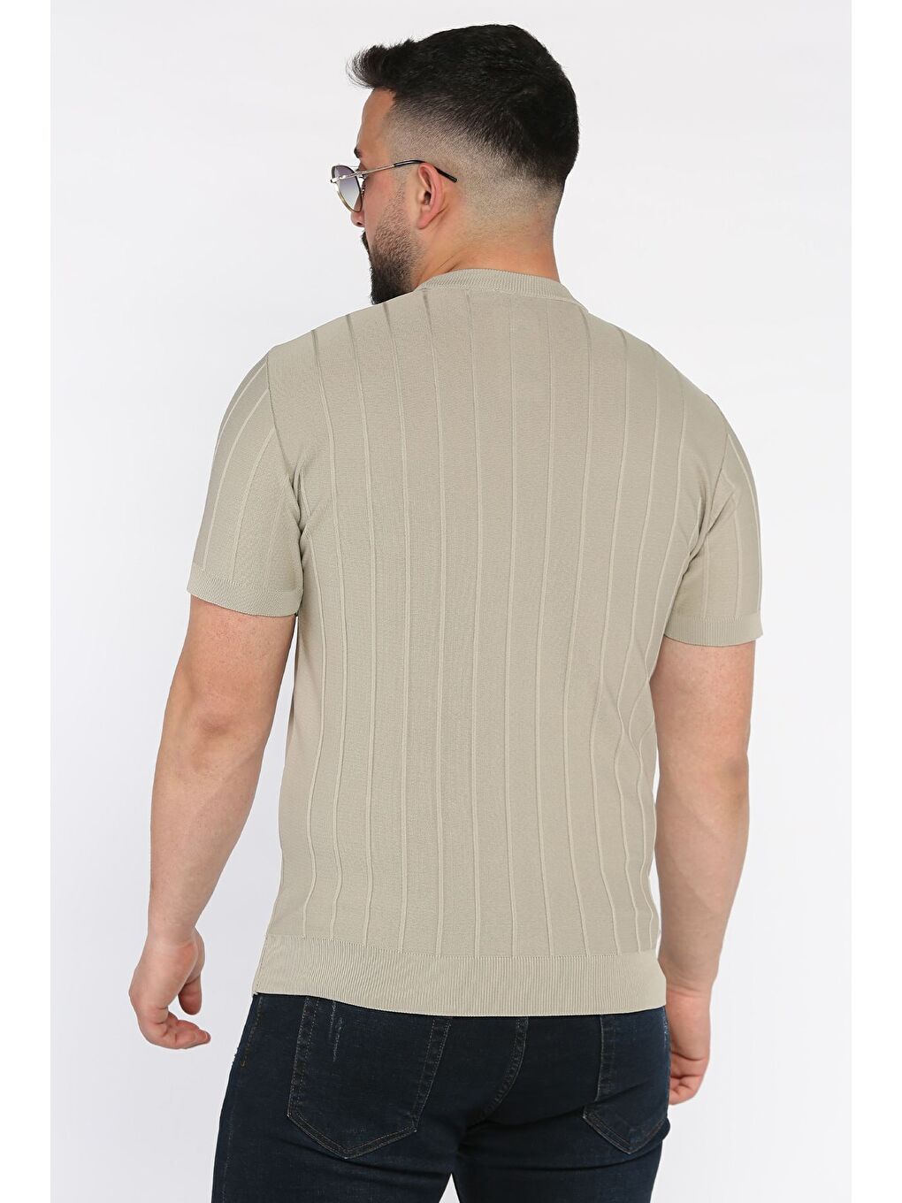 Bej Erkek Bisiklet Yaka Kendinden Çizgi Desenli Triko Tişört-2