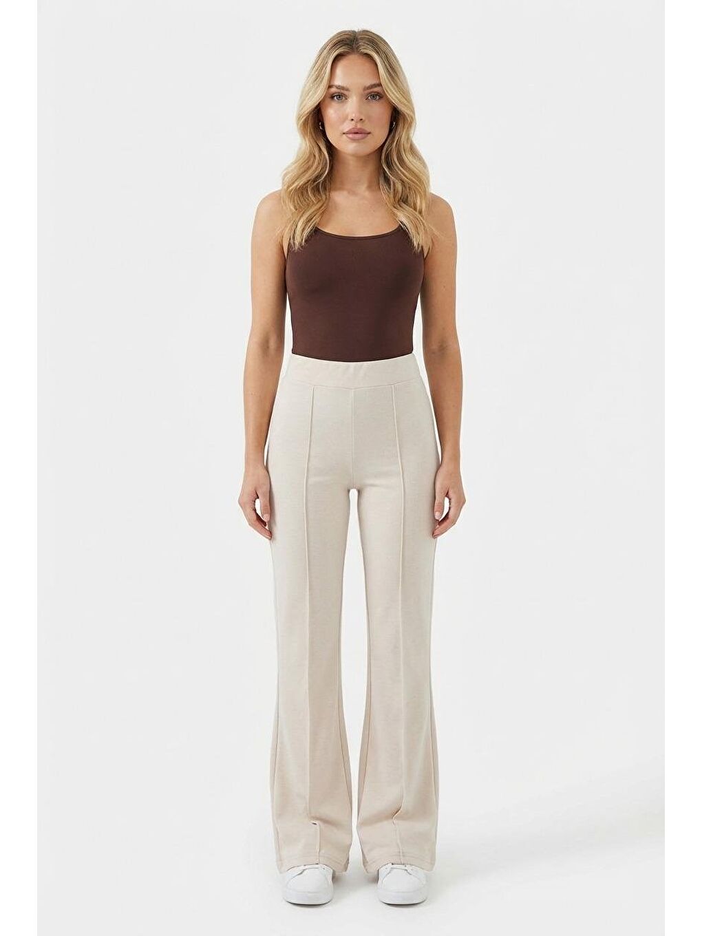 Bej Yüksek Bel Flare Paça Günlük Kadın Pantolon Mg2645-1