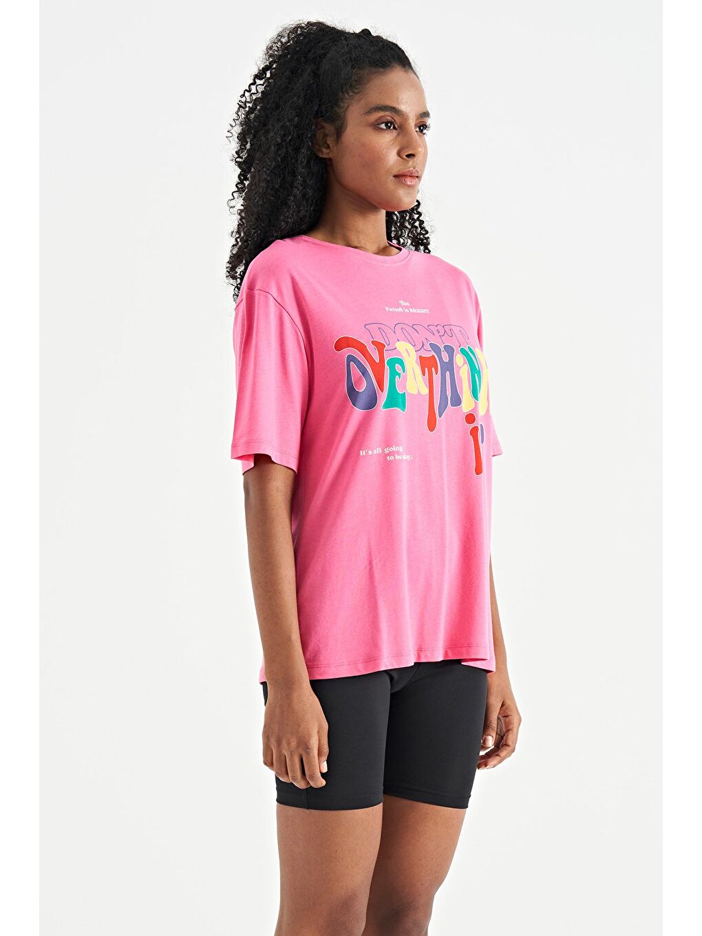 Veryperi Koyu Pembe Şeker Pembe Yazı Baskılı Düşük Omuzlu Oversize Basic Kadın T-Shirt - 02306 - 3