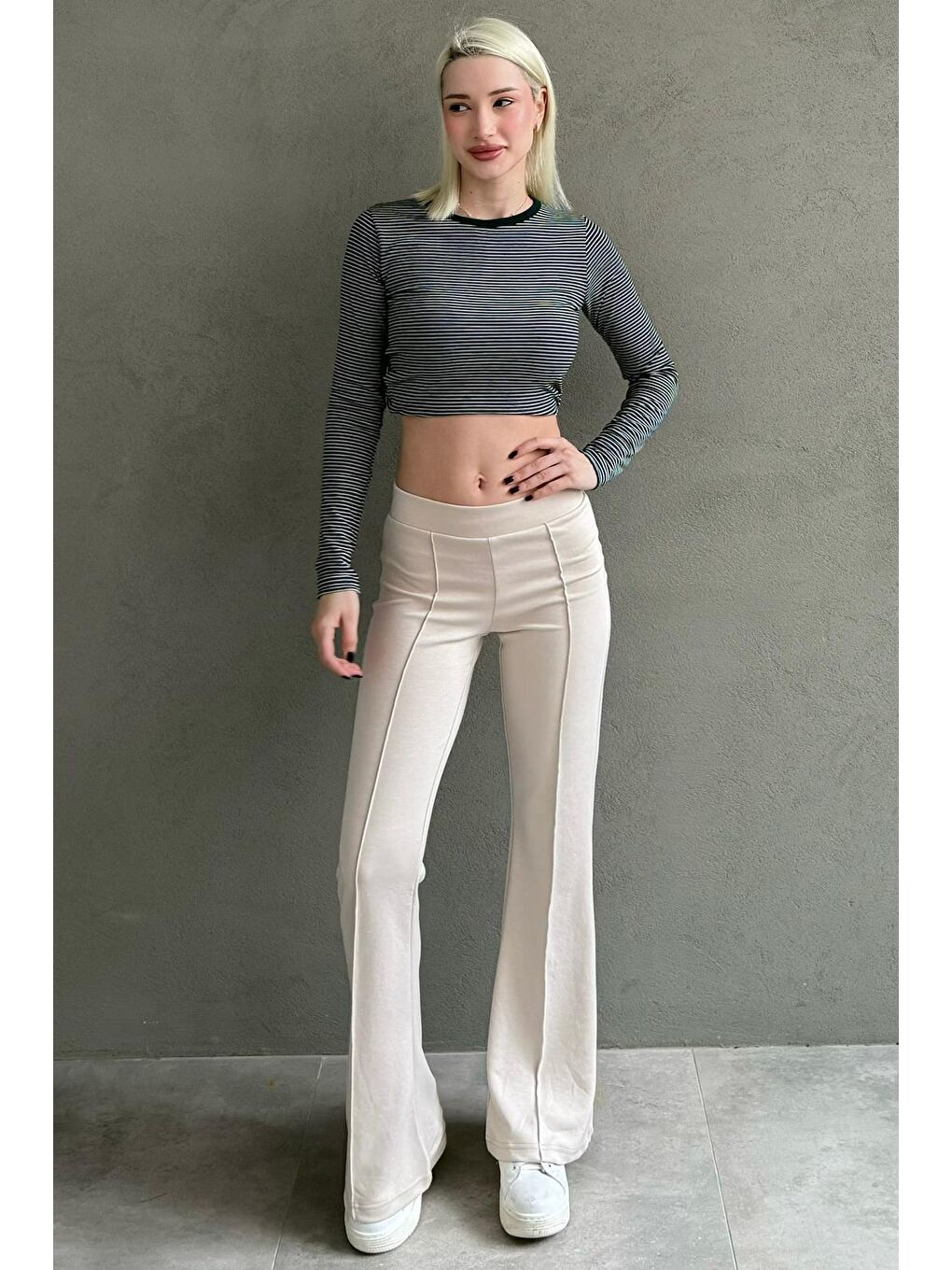 Bej Yüksek Bel Flare Paça Günlük Kadın Pantolon Mg2645-3