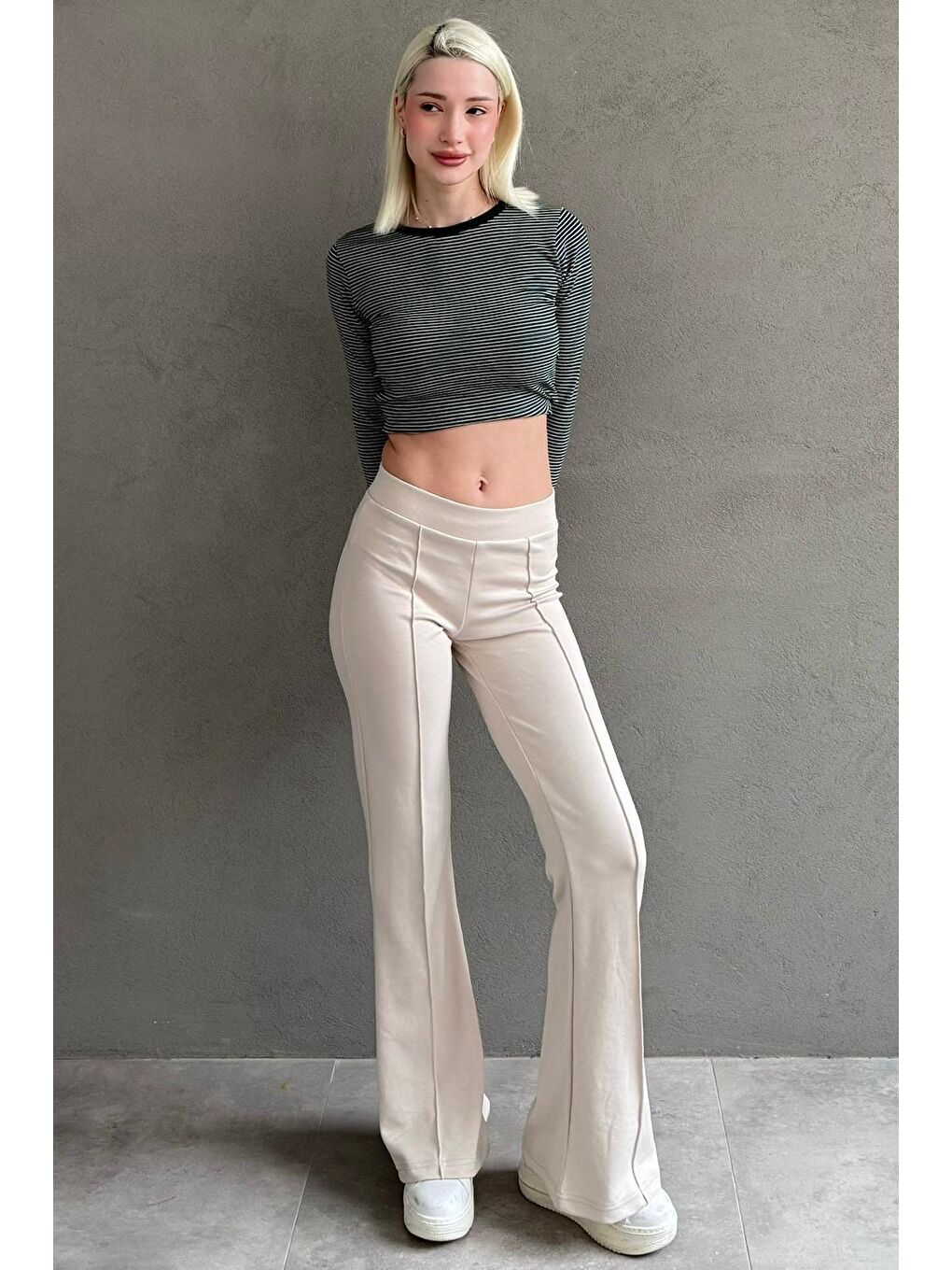 Bej Yüksek Bel Flare Paça Günlük Kadın Pantolon Mg2645-4