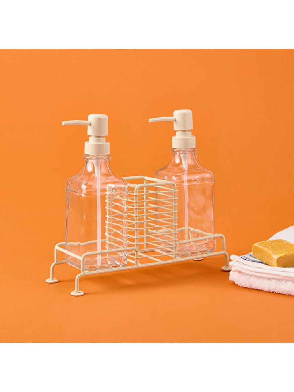 Ekru Cream 2'li Metal Stantlı Cam Sıvı Sabunluk - Şeffaf / Krem - 200 ml