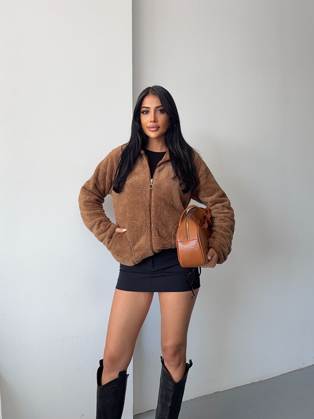 Kahverengi Fermuarlı Kapüşonlu Kahve Polar Sweatshirt-2