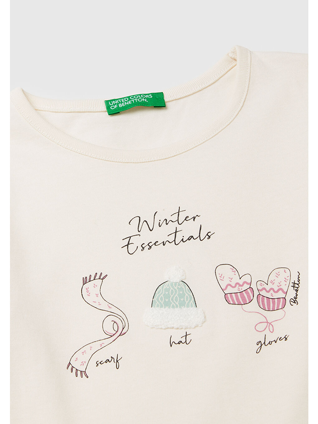 Kız Çocuk Ekru Önü Baskılı Arkası Uzun Bisiklet Yaka Uzun Kollu T-shirt-2