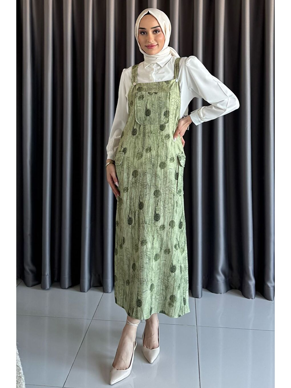 Haki Tesettür Gömlek Salopet İkili Takım