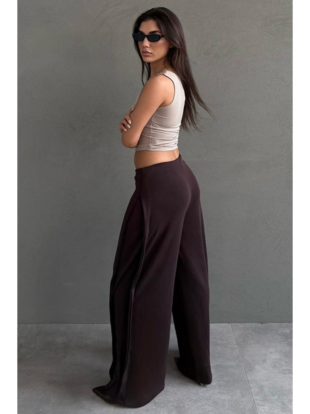 Kahverengi Yumuşak Dokunuşlu, Yanları Pilili, Modal İçeren Geniş Paça Pantolon Mg2668-2