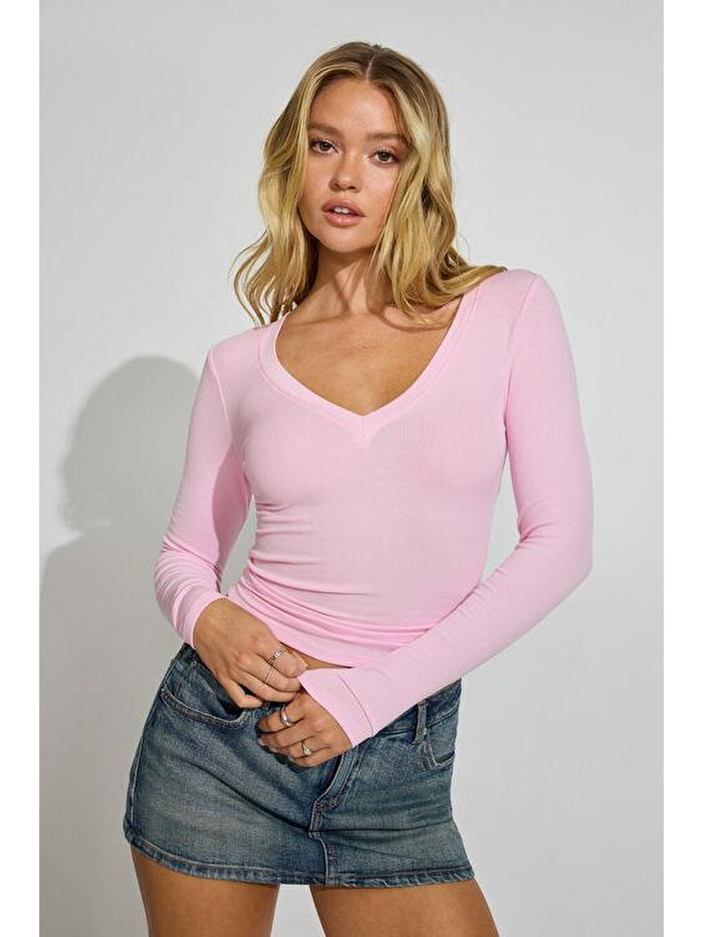 Pembe Pudra V Yaka Uzun Kollu Kaşkorse Body Mg2192