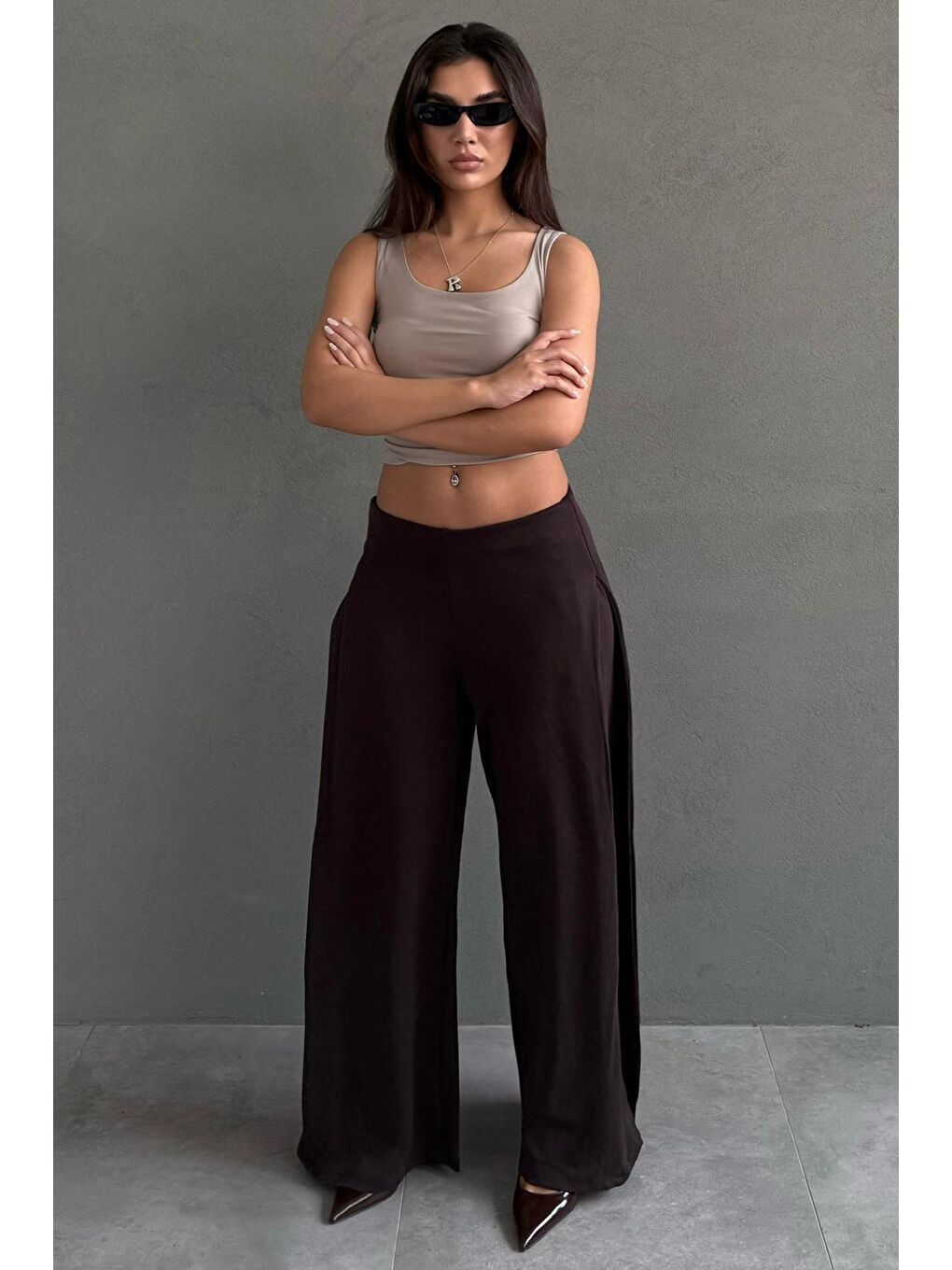 Kahverengi Yumuşak Dokunuşlu, Yanları Pilili, Modal İçeren Geniş Paça Pantolon Mg2668-3