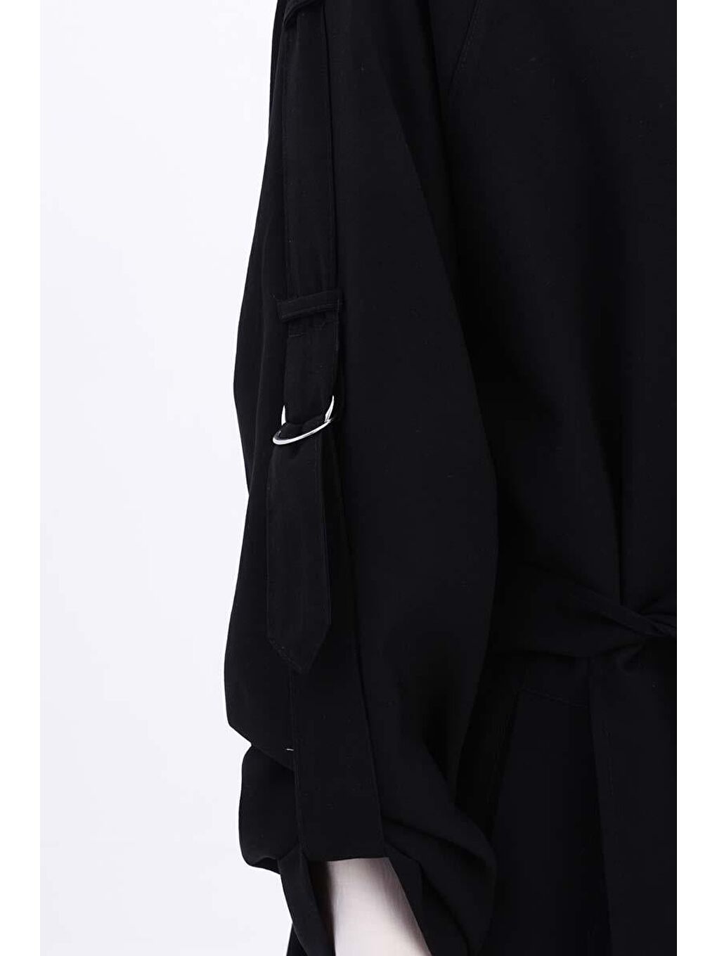 Siyah-Kolu Apoletli Düğmeli Trençkot-5