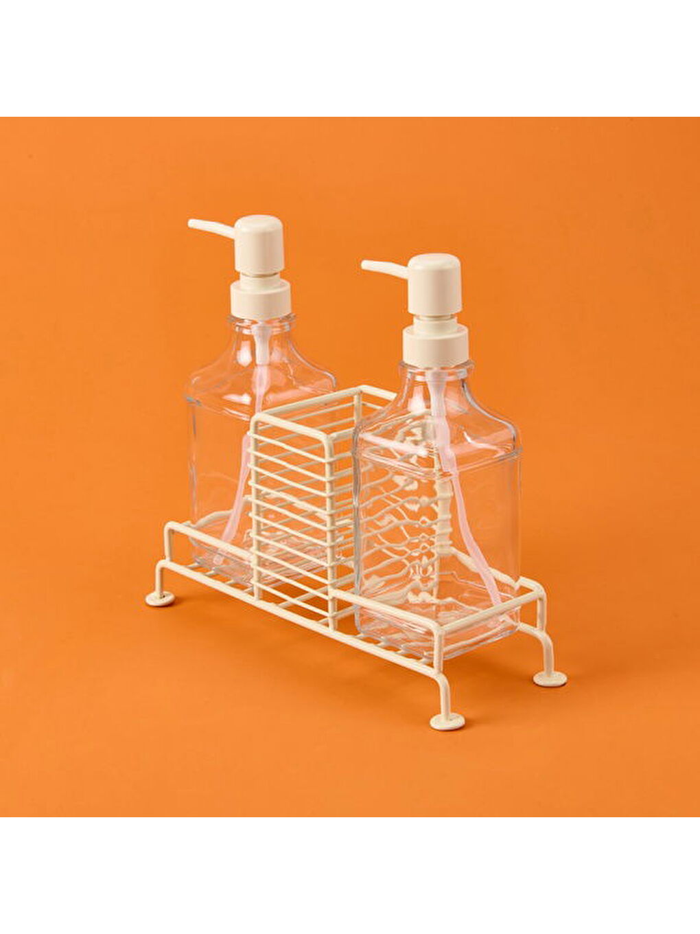 Ekru Cream 2'li Metal Stantlı Cam Sıvı Sabunluk - Şeffaf / Krem - 200 ml-1