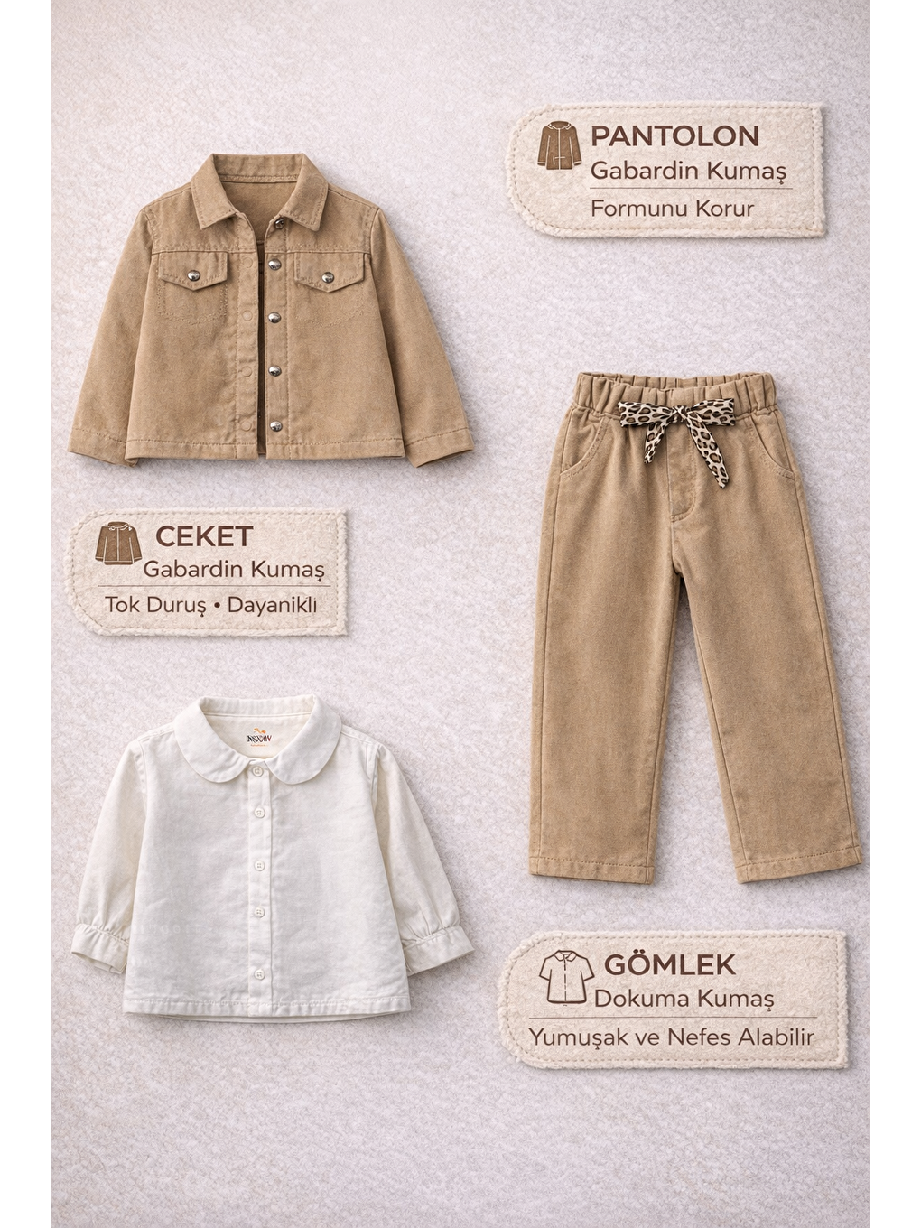 Kahverengi Kız Çocuk Gabardin Ceketli Takım – Düğmeli Dokuma Gömlekli, Beli Lastikli Kemerli Pantolon 2-5 Yaş-1