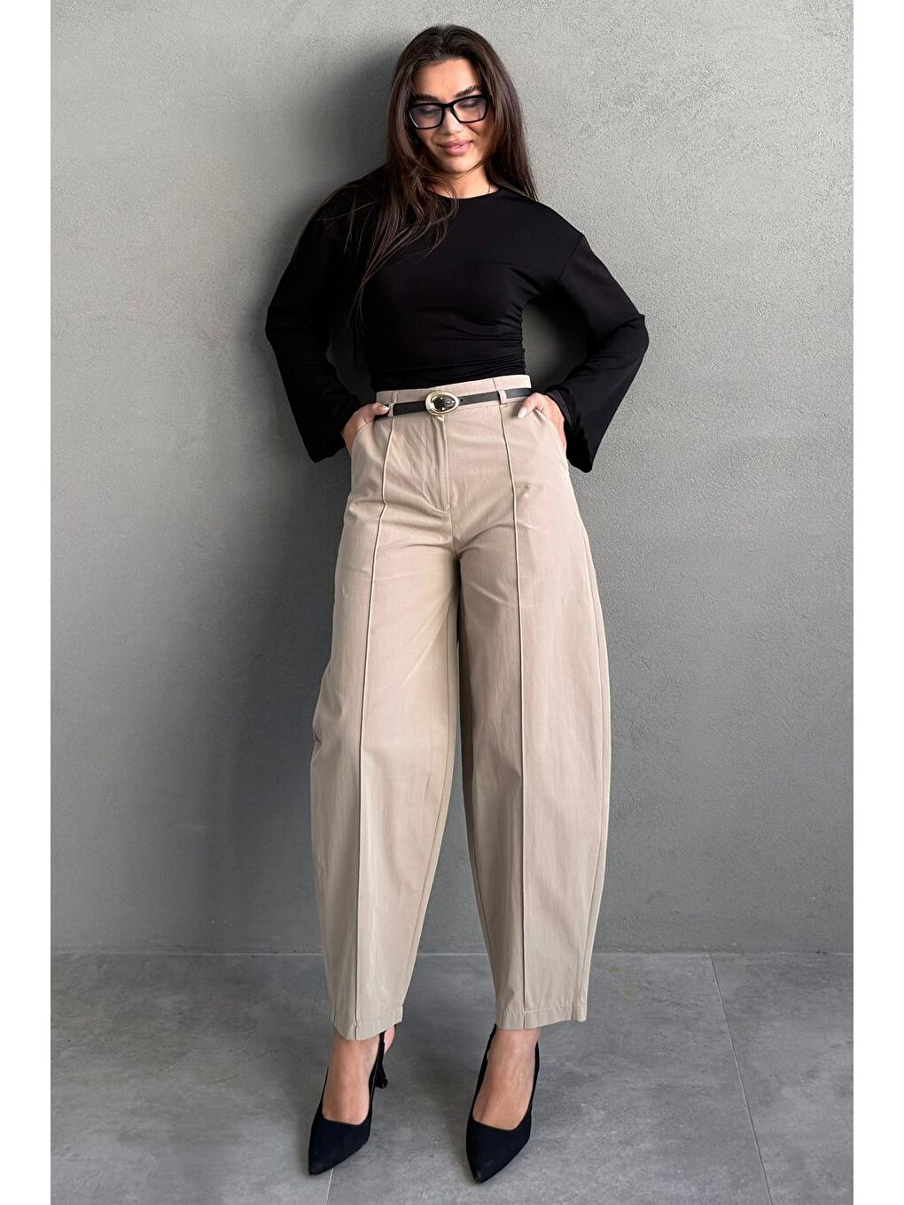 Haki Modern Kesim Kemerli Yüksek Bel Bol Paça Kumaş Pantolon Mg2618-1