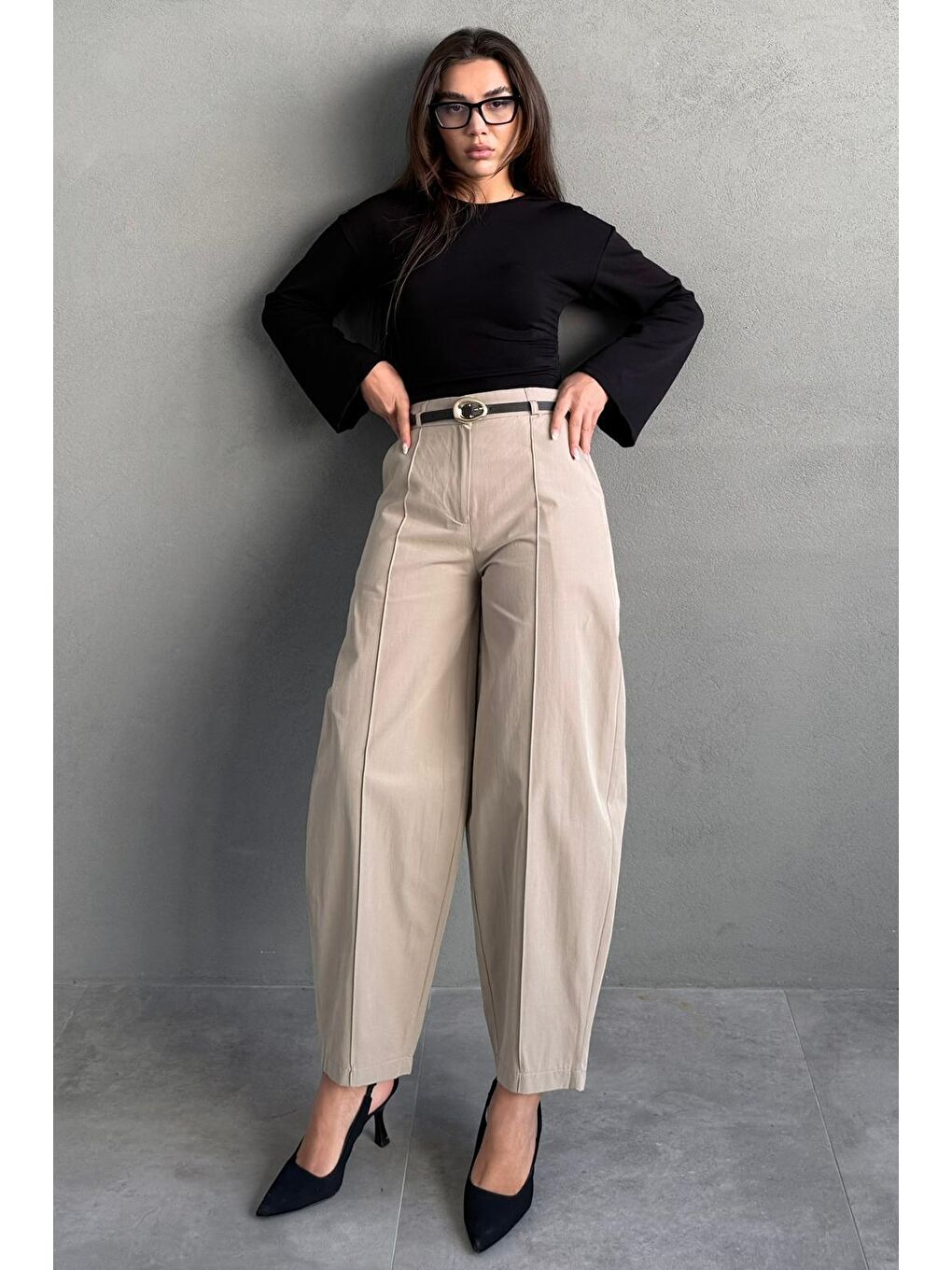 Haki Modern Kesim Kemerli Yüksek Bel Bol Paça Kumaş Pantolon Mg2618-3