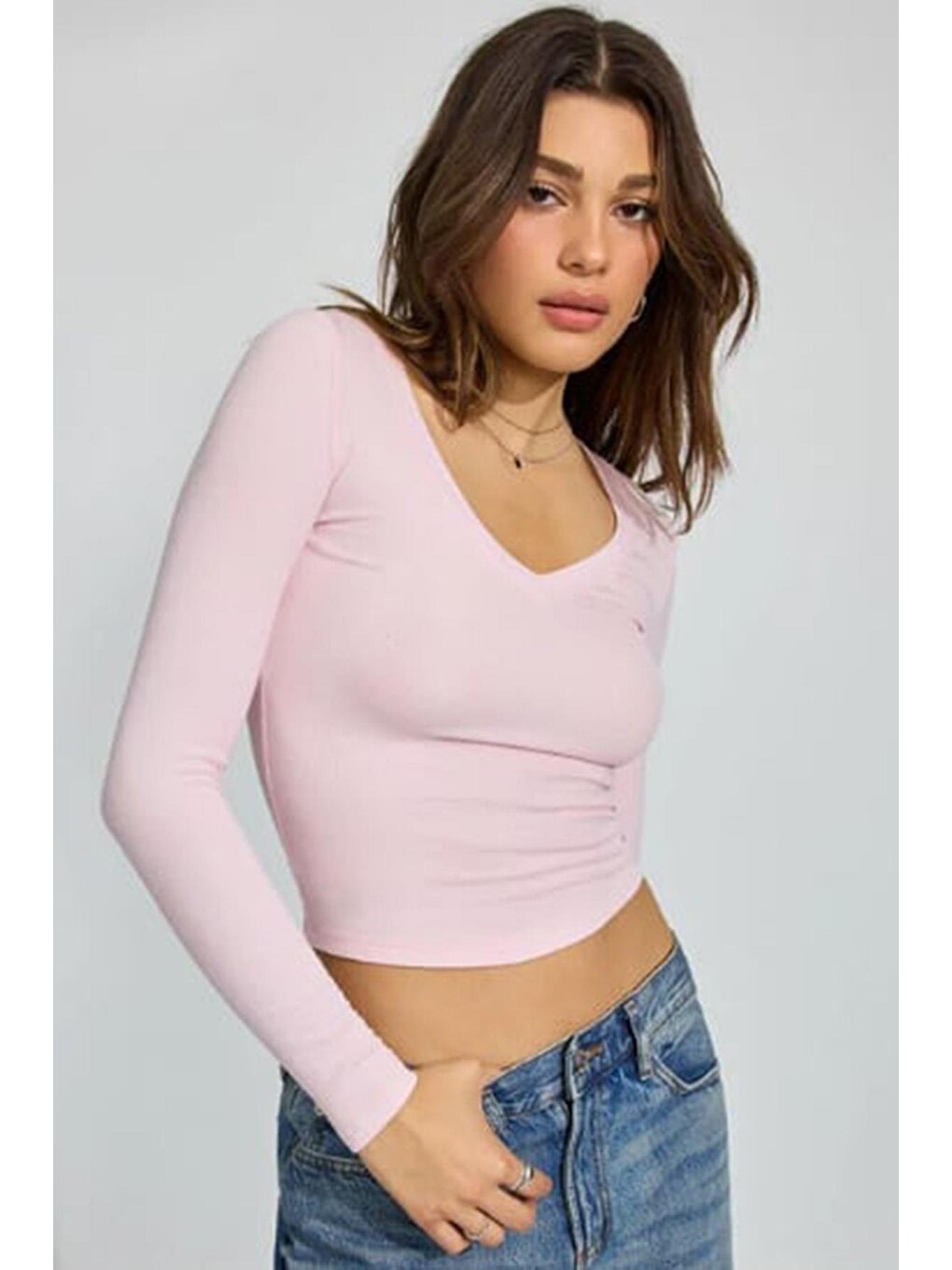 Pembe Pudra V Yaka Uzun Kollu Kaşkorse Body Mg2192-1