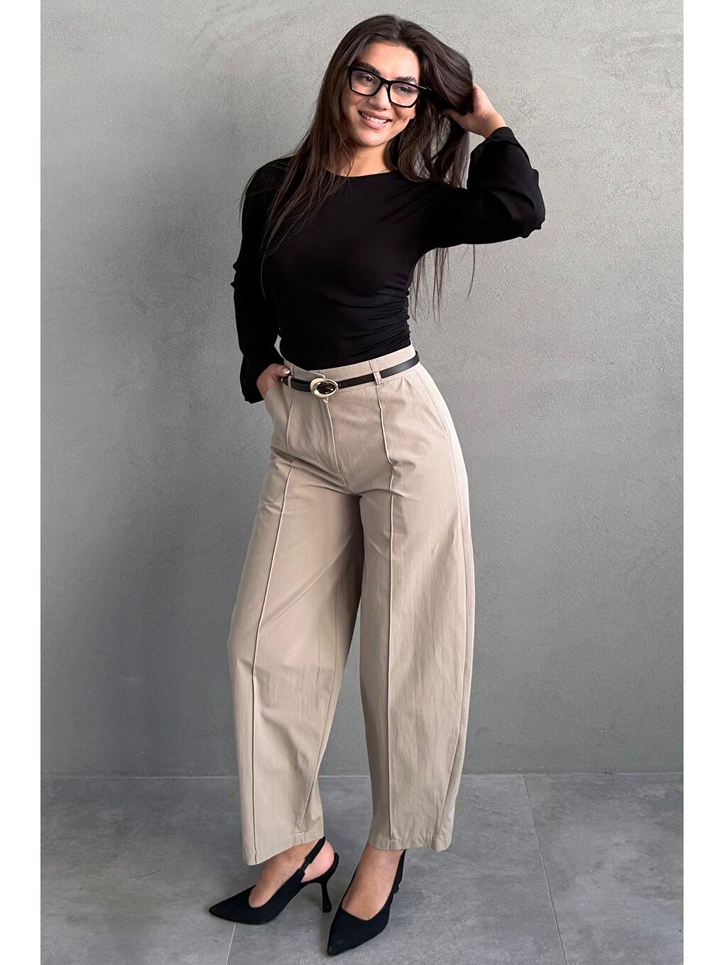 Haki Modern Kesim Kemerli Yüksek Bel Bol Paça Kumaş Pantolon Mg2618-4