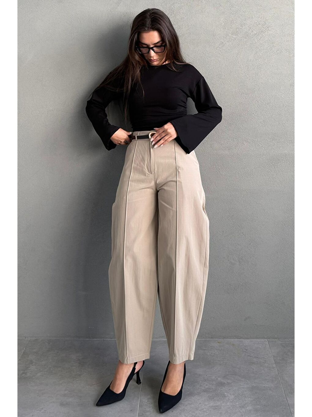 Haki Modern Kesim Kemerli Yüksek Bel Bol Paça Kumaş Pantolon Mg2618-5