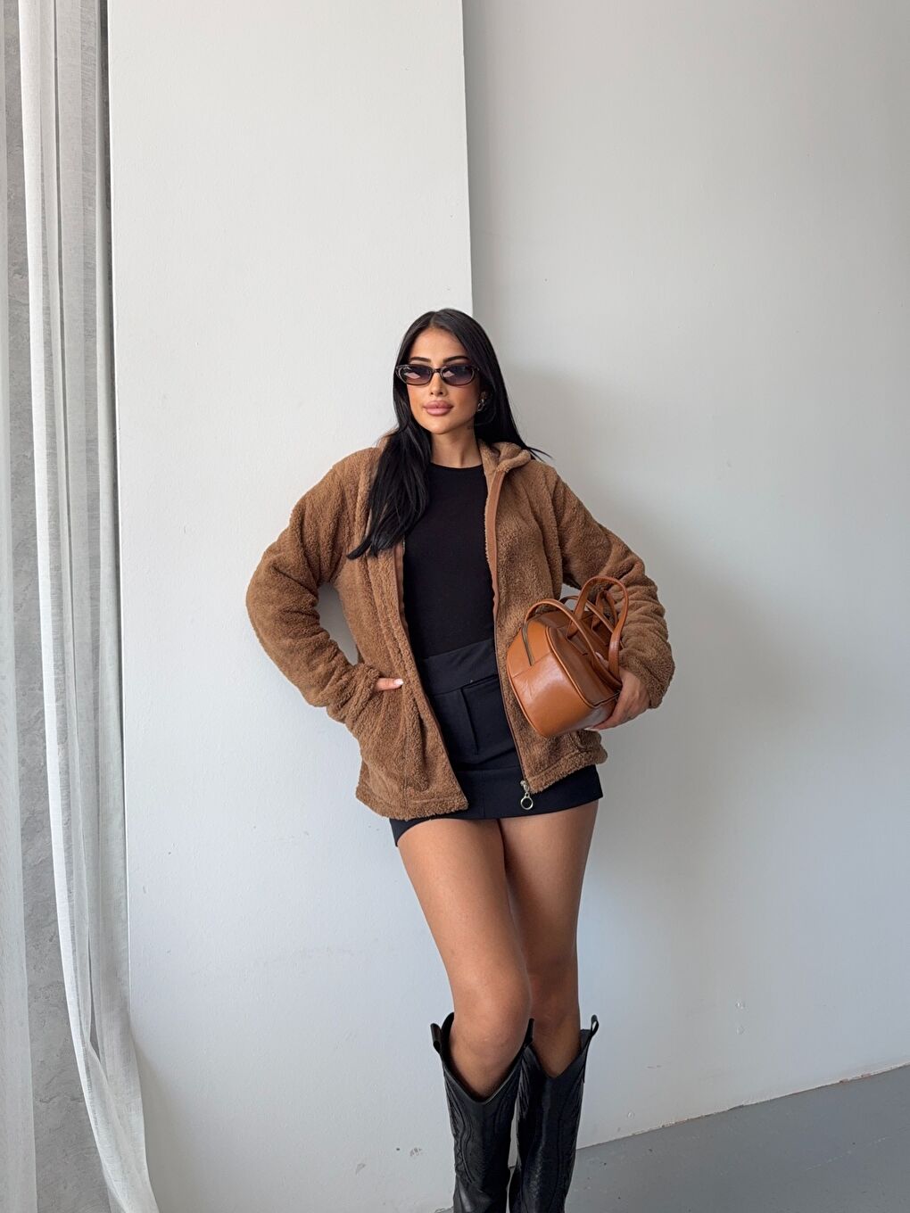 Kahverengi Fermuarlı Kapüşonlu Kahve Polar Sweatshirt-3