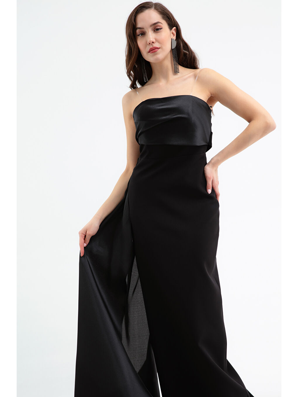 Kadın Siyah Straplez Yaka Kuyruklu Söz Nişan Nikah Abiye Elbise-1