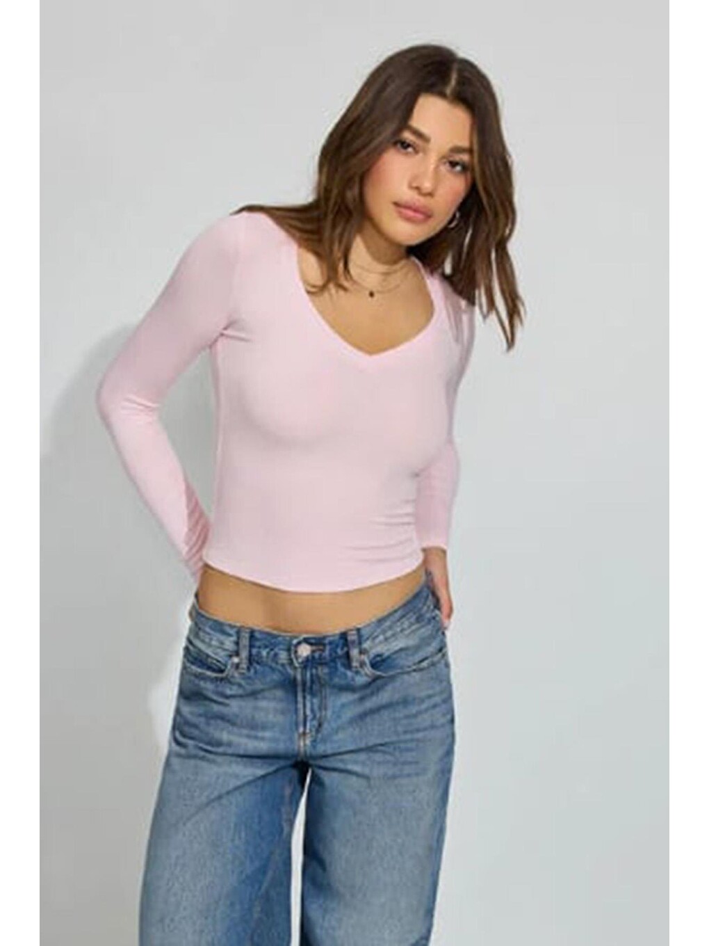 Pembe Pudra V Yaka Uzun Kollu Kaşkorse Body Mg2192-2