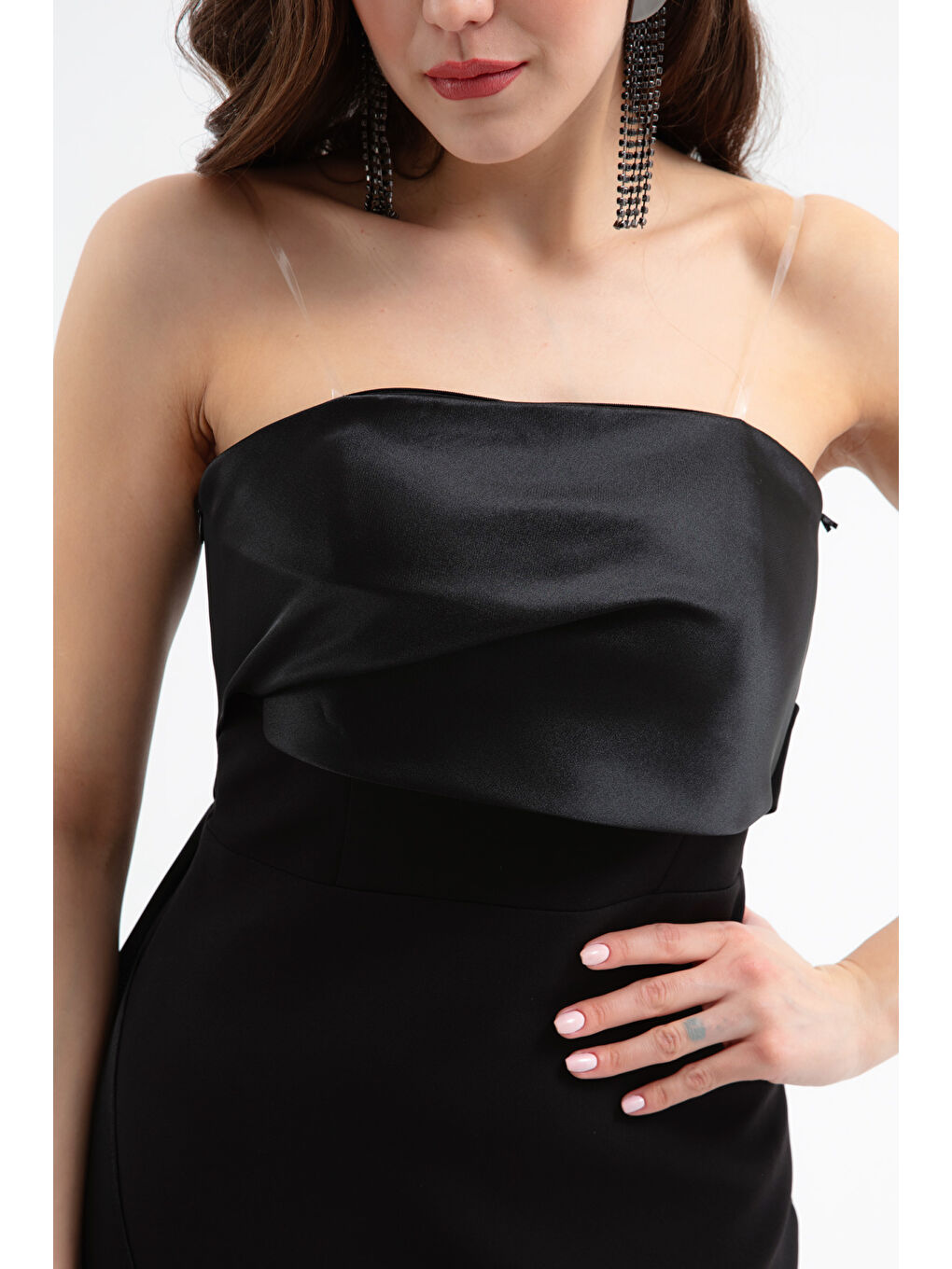 Kadın Siyah Straplez Yaka Kuyruklu Söz Nişan Nikah Abiye Elbise-3