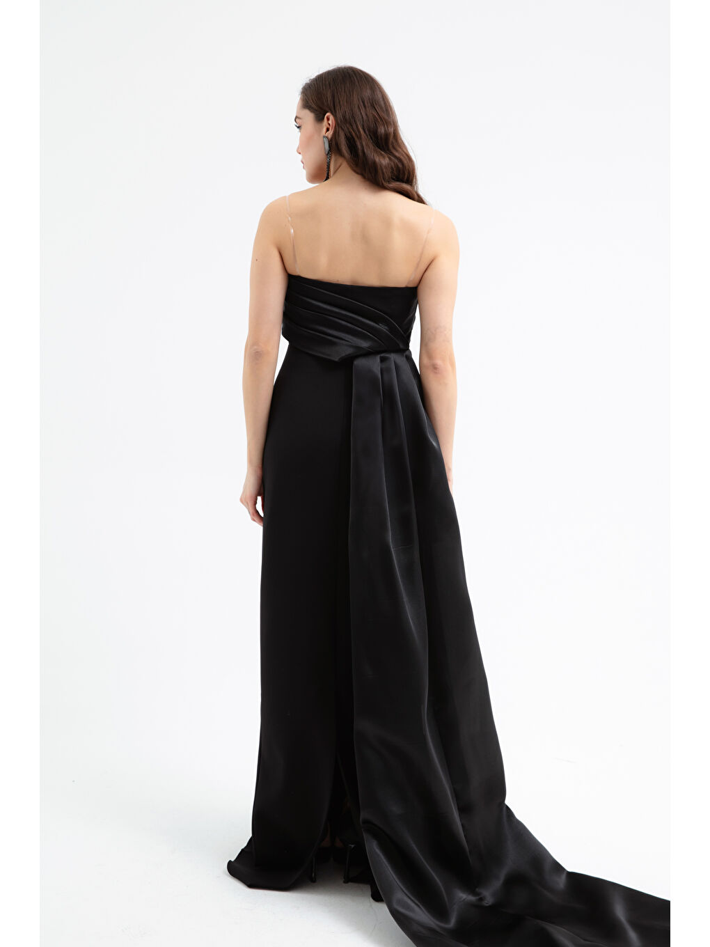 Kadın Siyah Straplez Yaka Kuyruklu Söz Nişan Nikah Abiye Elbise-4