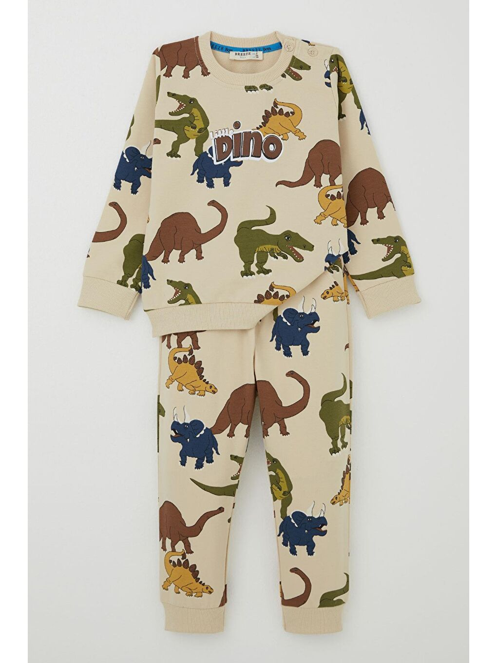 Ekru Erkek Çocuk Eşofman Takımı Kükreyen Dinozorlar Desenli Krem (1.5-5 Yaş)-1