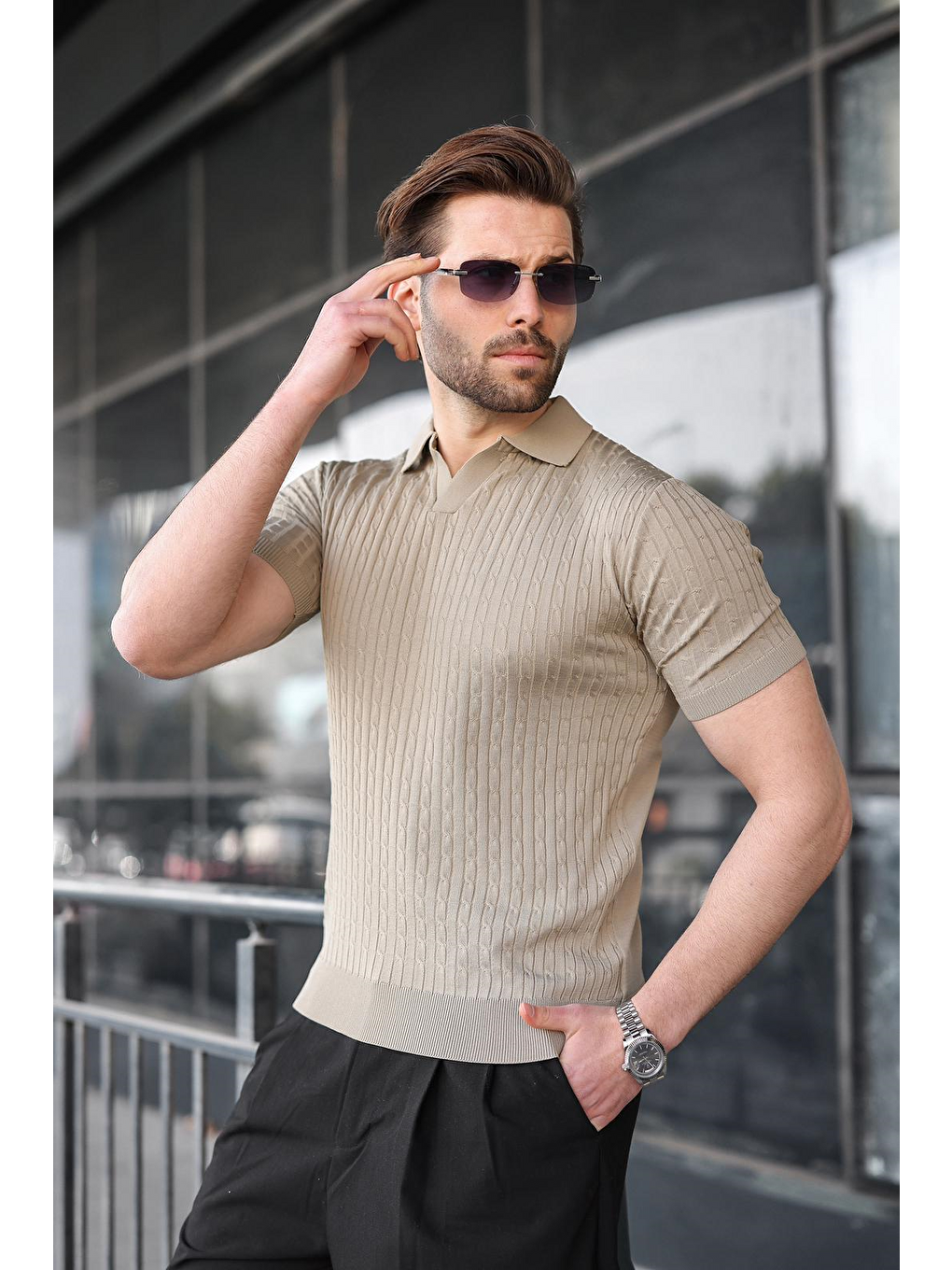 Bej Vizon Slim Fit Polo Yaka Triko Erkek Tişört E7472