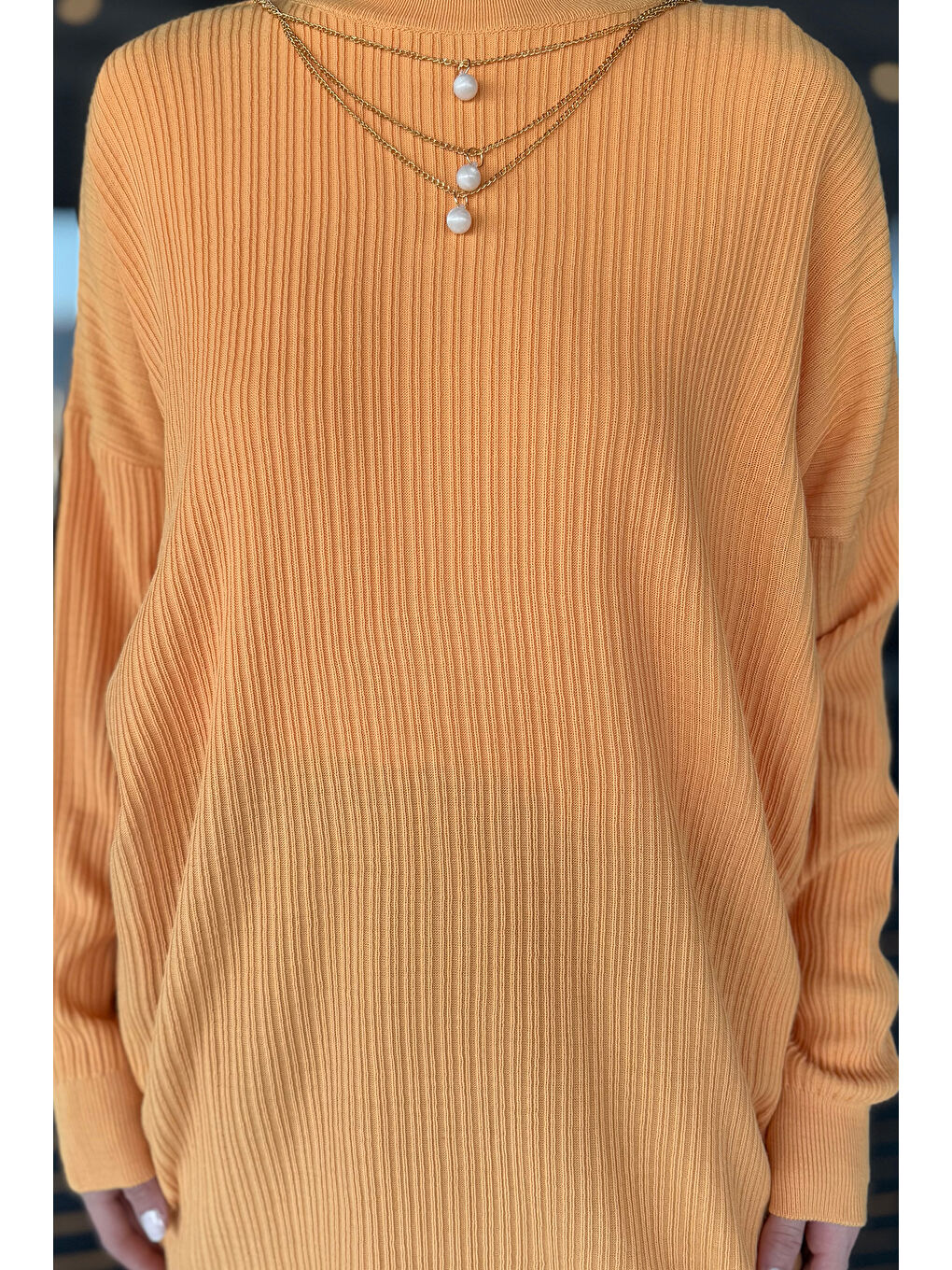 Kahverengi Kadın Bisiklet Yaka Aksesuar Detaylı Tesettür Triko Tunik-5