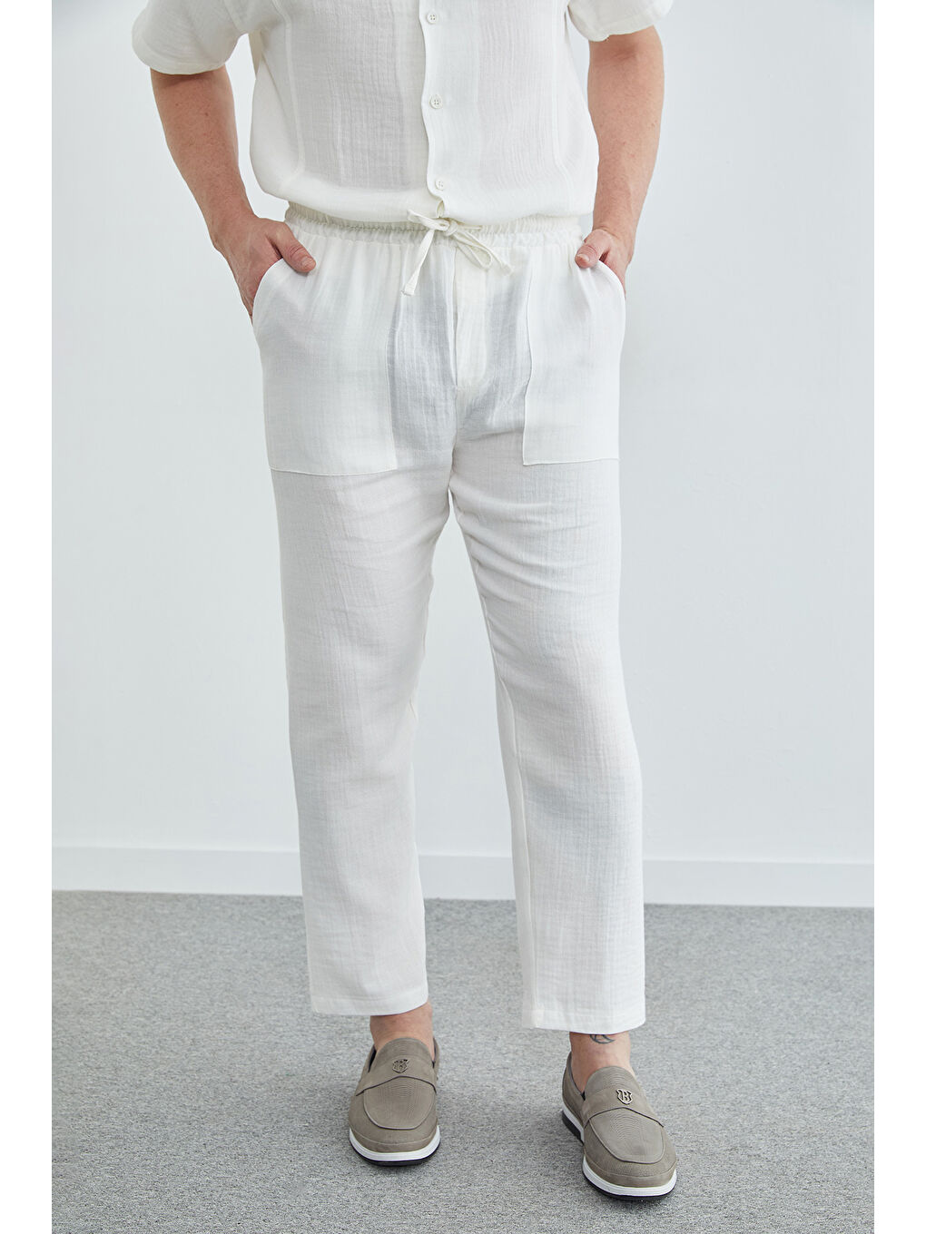 Beyaz Beli Lastikli Müslin Keten Pantolon-1