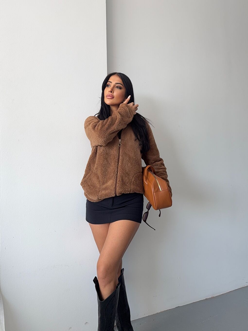 Kahverengi Fermuarlı Kapüşonlu Kahve Polar Sweatshirt-4