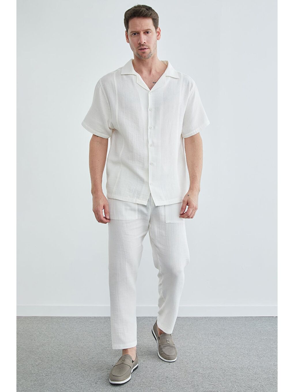 Beyaz Beli Lastikli Müslin Keten Pantolon-2