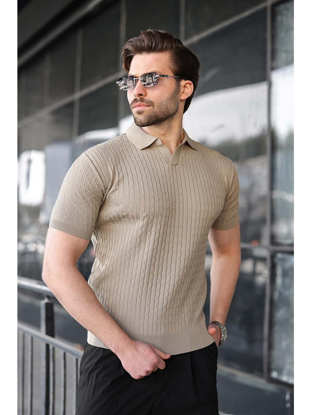 Bej Vizon Slim Fit Polo Yaka Triko Erkek Tişört E7472-1