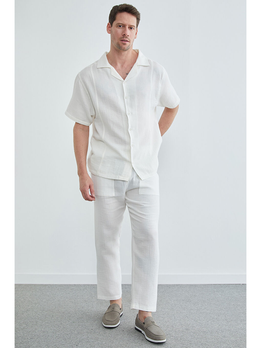 Beyaz Beli Lastikli Müslin Keten Pantolon-3