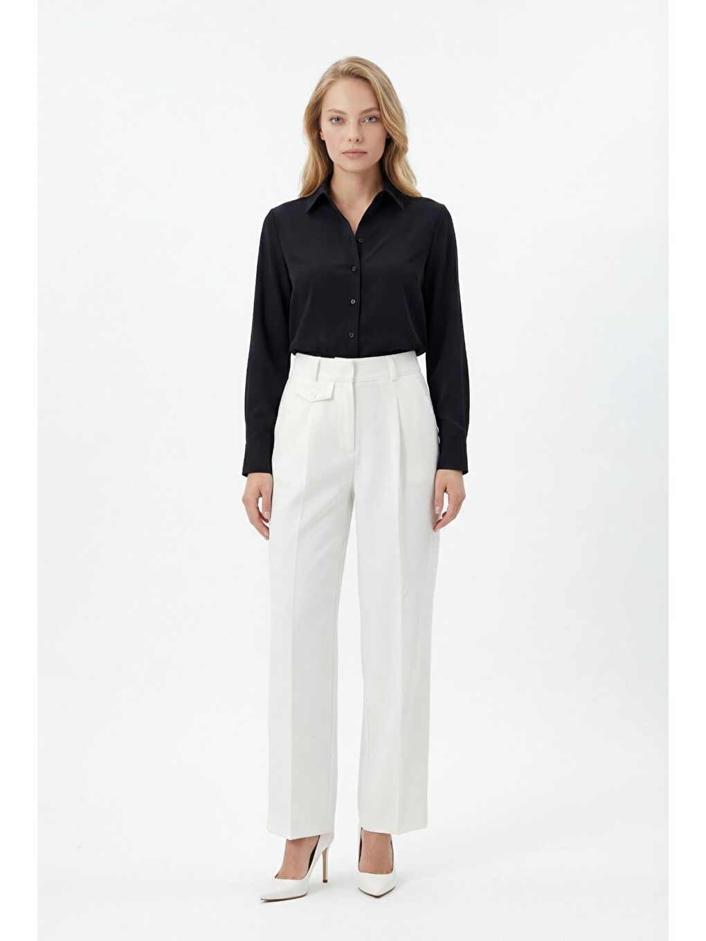 Beyaz Pens Detaylı Kapaklı Düz Paça Kumaş Pantolon Mg2642