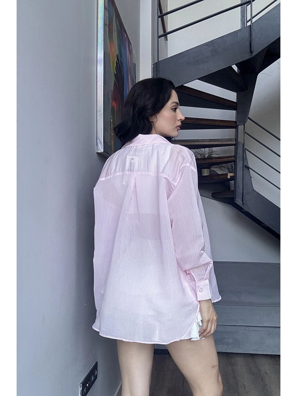 Kadın Pembe Transparan Çizgili Gömlek 1006-6876-1