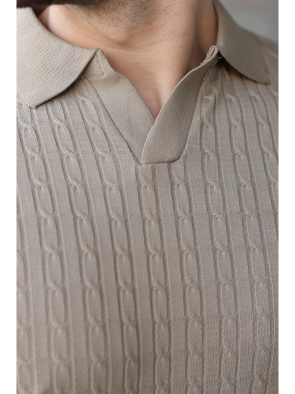 Bej Vizon Slim Fit Polo Yaka Triko Erkek Tişört E7472-2