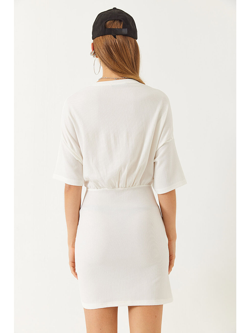 Beyaz Kadın Beli Lastikli Yarasa Kollu Kruvaze Etekli Basic Elbise-7